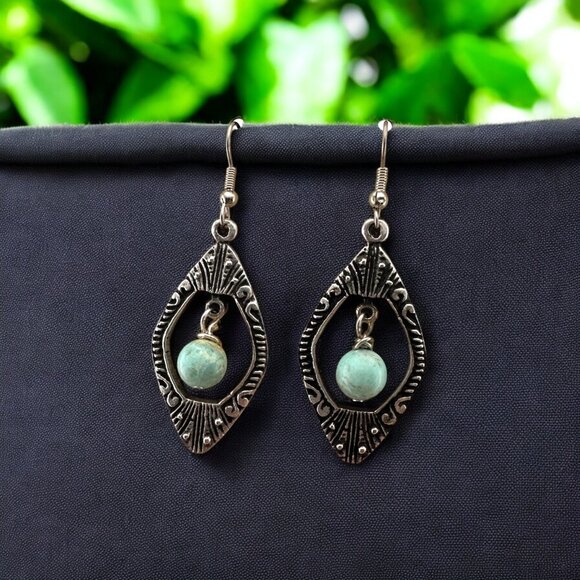Hand Crafted Jewelry - Antique Silver Pewter Peruvian Turquoise Earrings